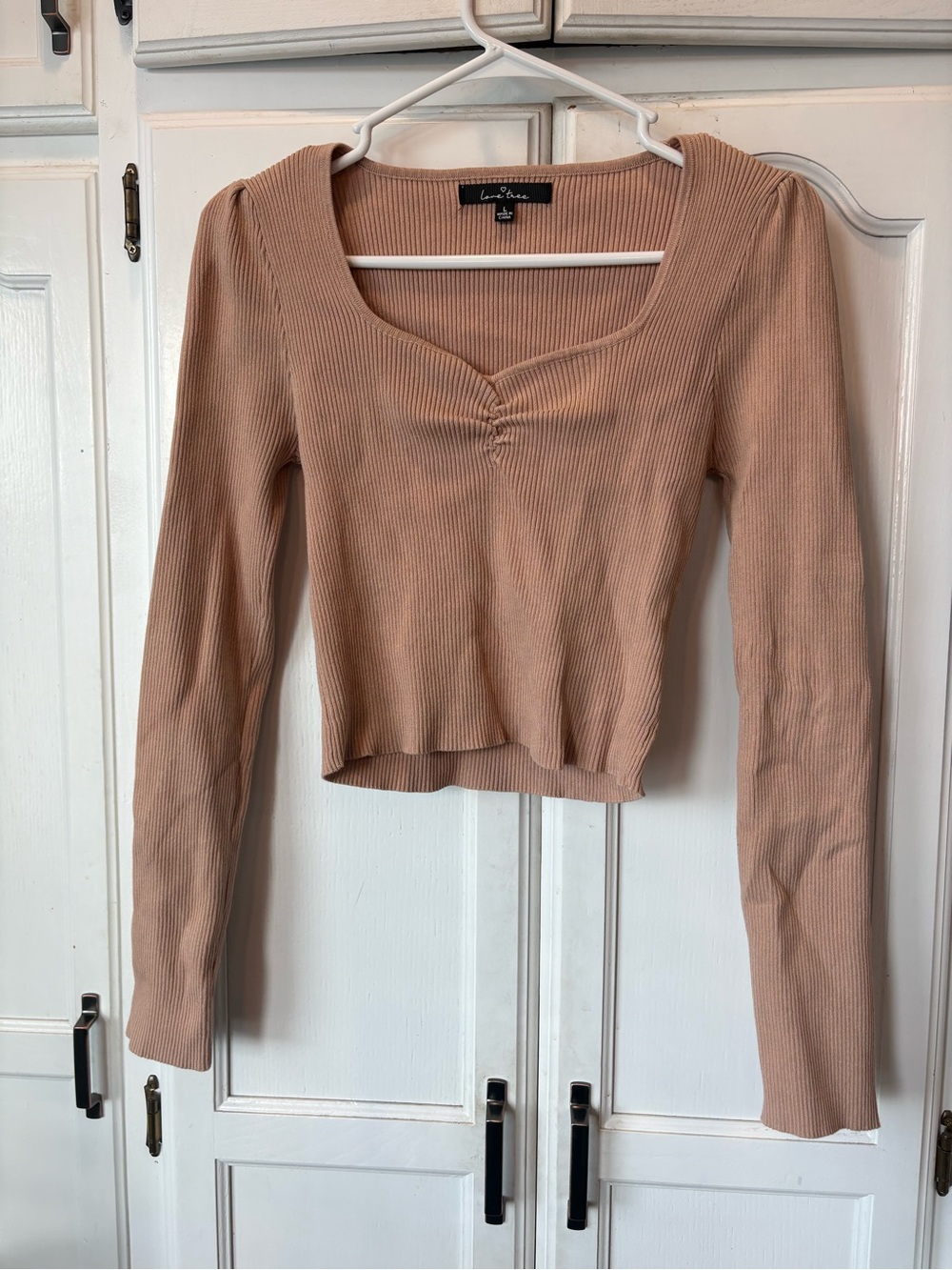 Love Tree Ribbed Long Sleeve Scoop Neck Top in Camel Color